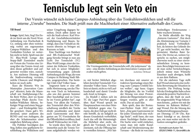 Tennisclub legt Veto ein | Tennisclub Blau-Weiß Lemgo